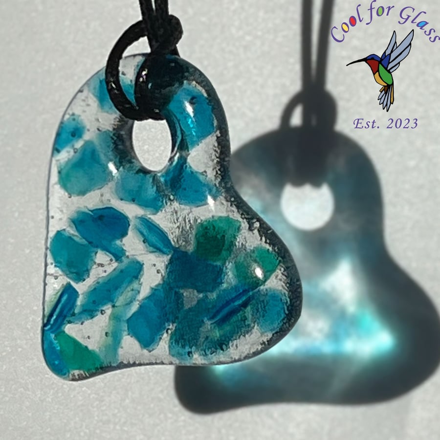 Fused glass large blue, green and clear heart pendant with cord necklace