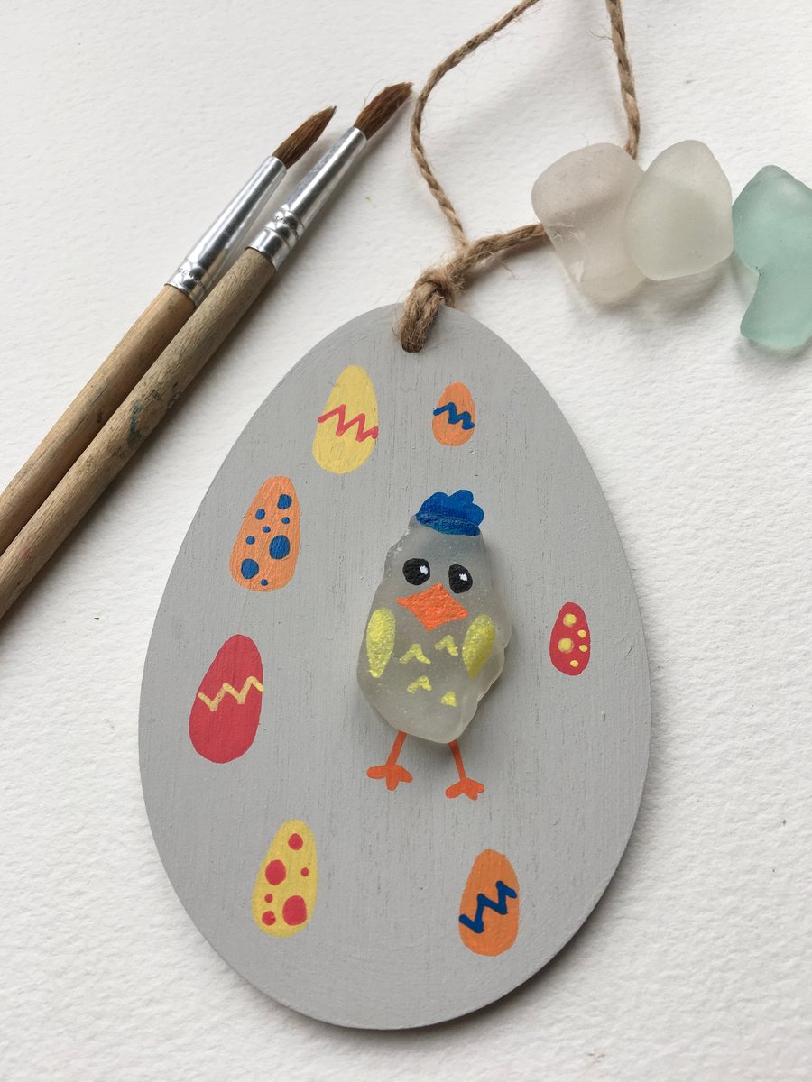 Wooden Easter egg decoration, hand painted sea glass chick