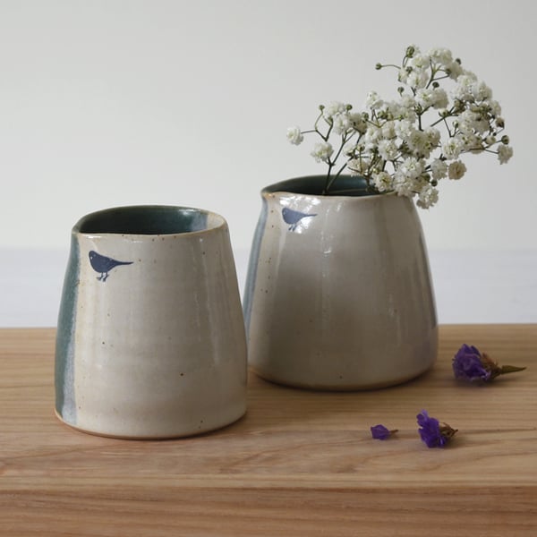 Small handmade green and cream ceramic milk creamer pourer with bird image 