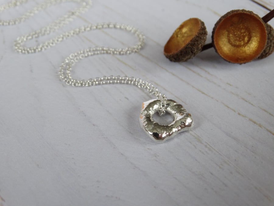 Artefact charm pendant in recycled silver on long chain
