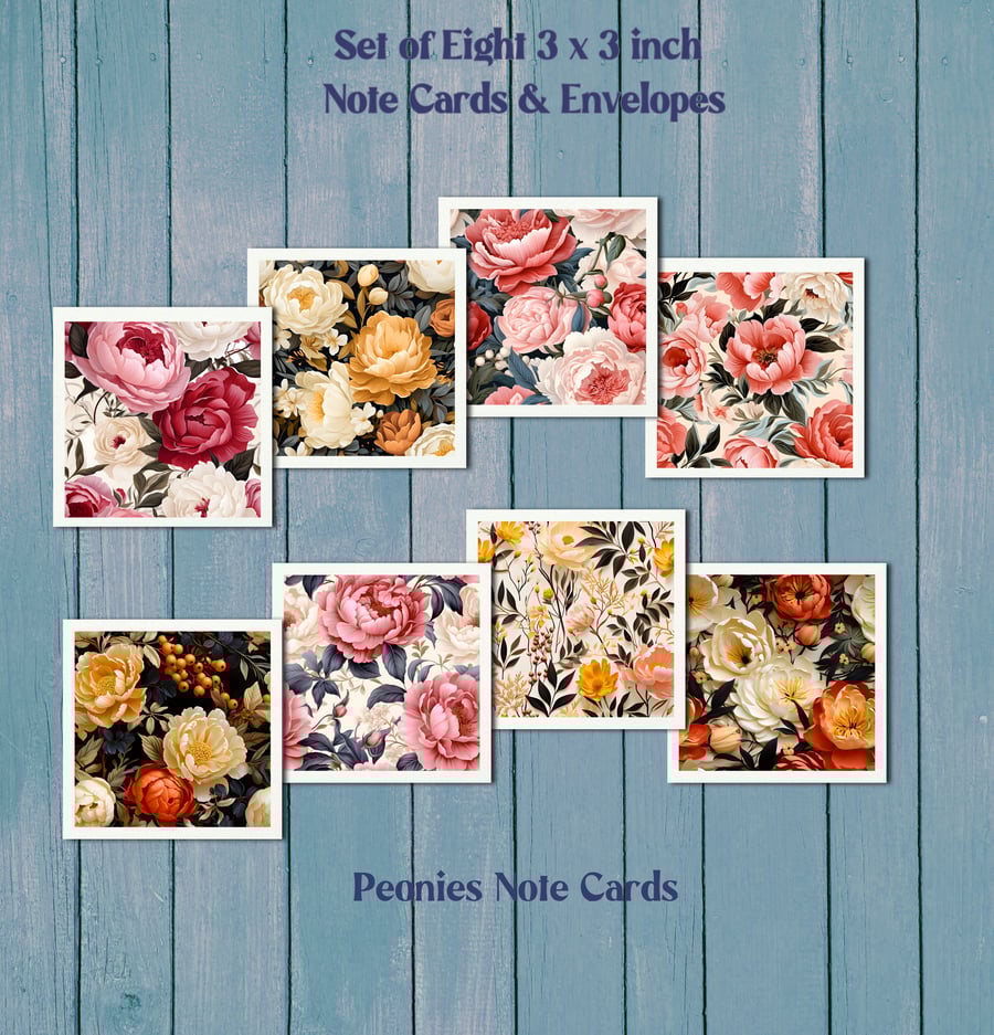 8 Peonies 3x3 Inch Blank Mini Note Cards Stationery, Gift Tags 