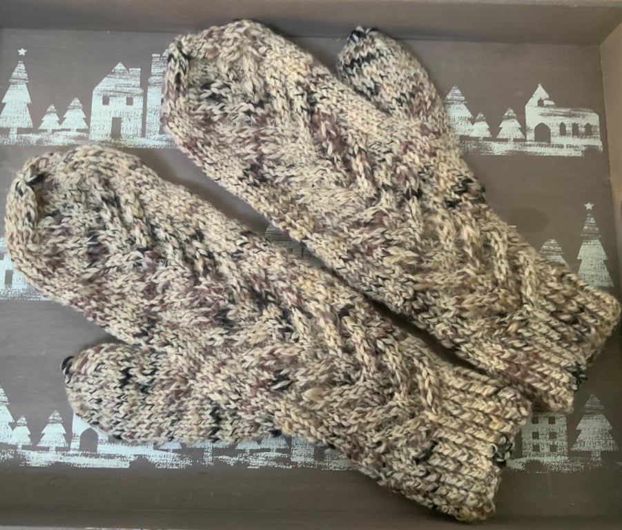 Hand Knitted Women's Tweedy Cable Mittens 