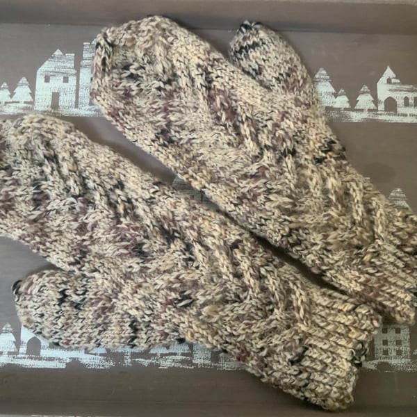 Hand Knitted Women's Tweedy Cable Mittens 