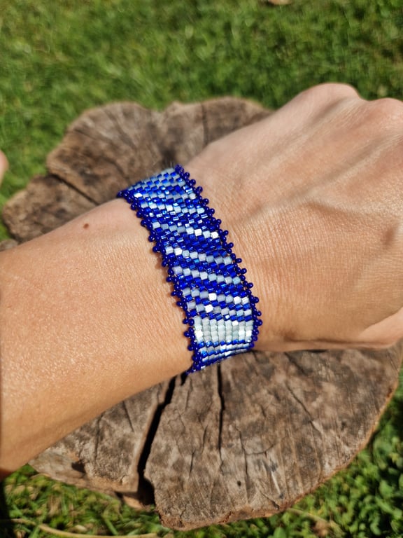 Shimmering blue peyote beaded cuff bracelet