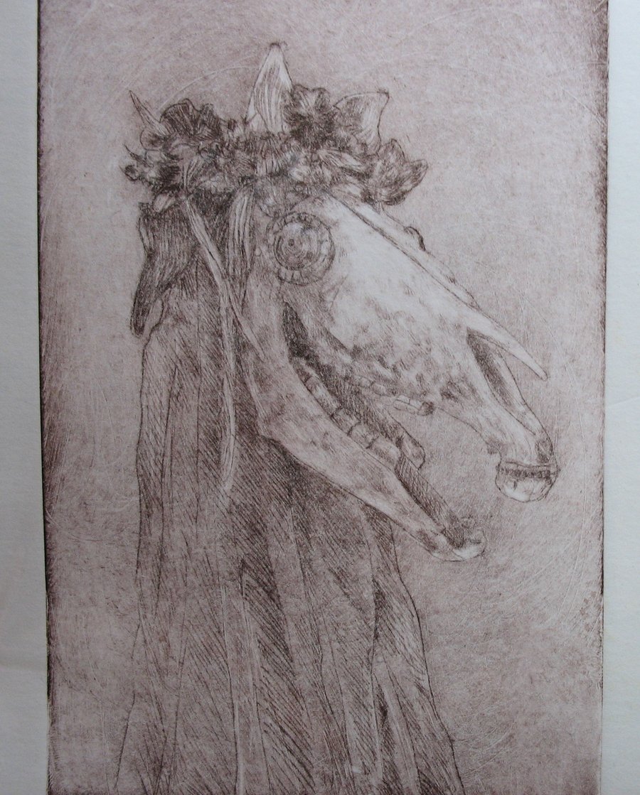 Mari Lwyd drypoint etching