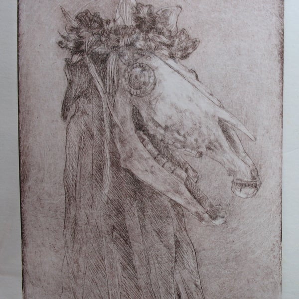 Mari Lwyd drypoint etching