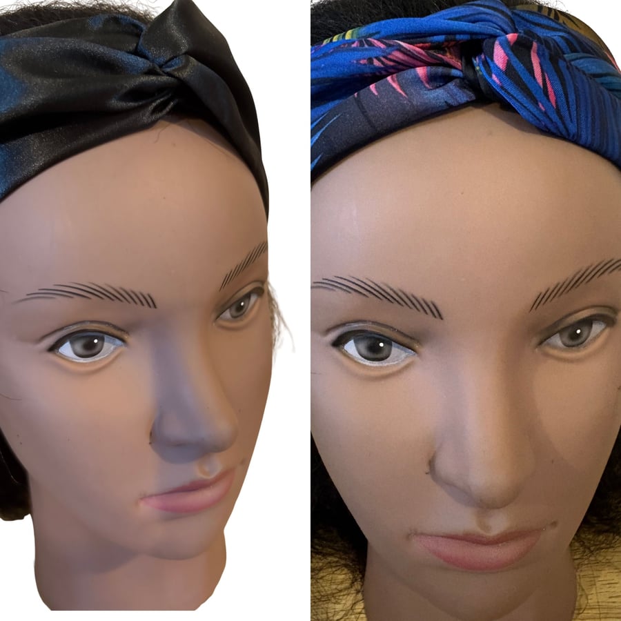 Black and Tropical Print Satin Twisted Headband (2pack)