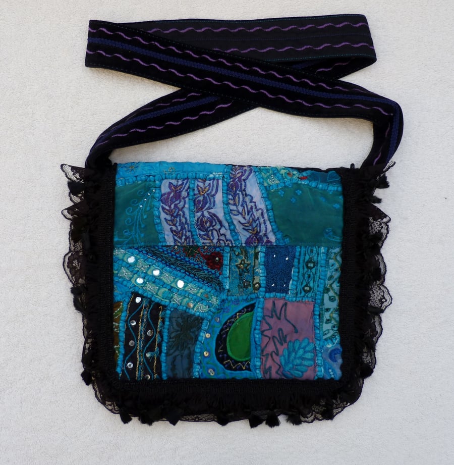 Velvet Shoulder Bag with Lace and Tassel Trim. Fully Lined.  Pocket. Turquoise.