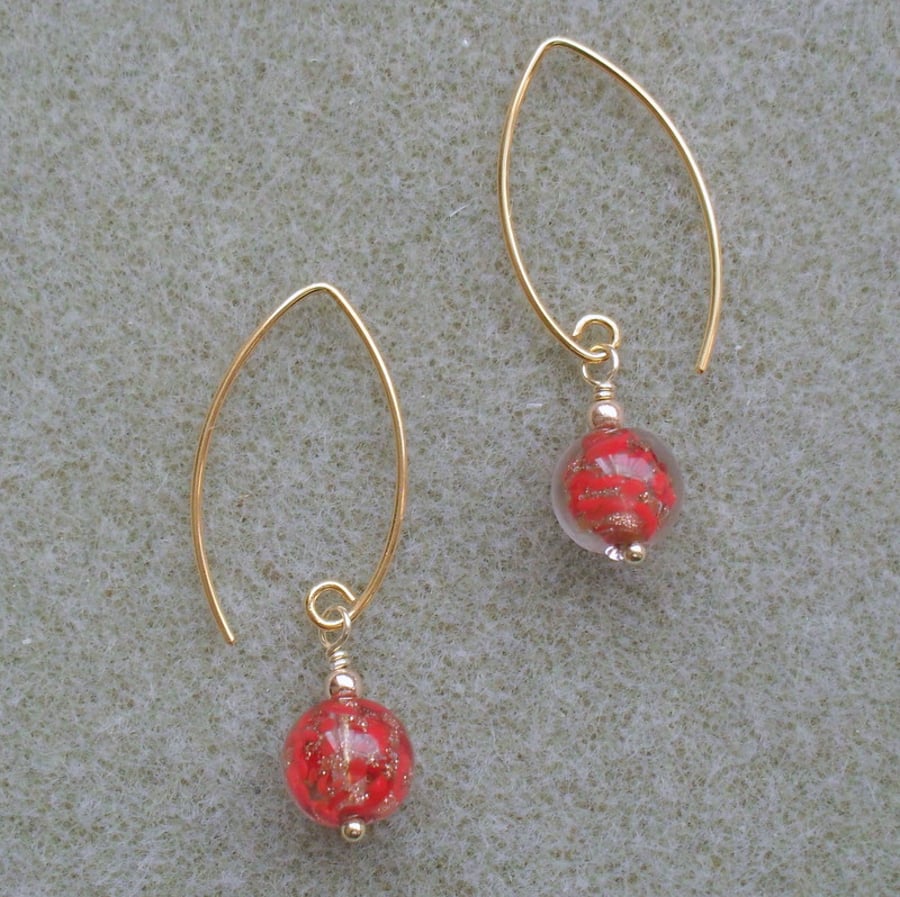 Red Venetian Murano Glass Gold Vermeil Earrings 