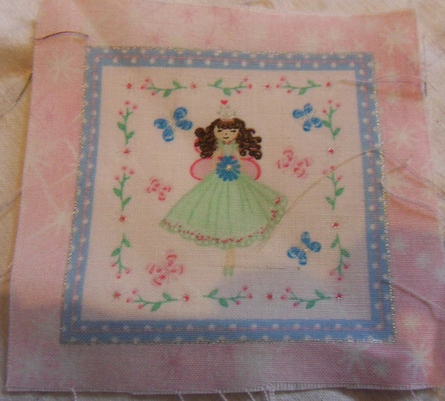 100% cotton fabric squares. Green fairy, blue butterflies (50)