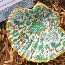 Scallop Shell Trinket Dish, Ring Holder, Vintage Green Floral Peacocks Design 