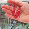 Ruby red  ceramic heart on heart pendant necklace-sterling silver-corded necklet