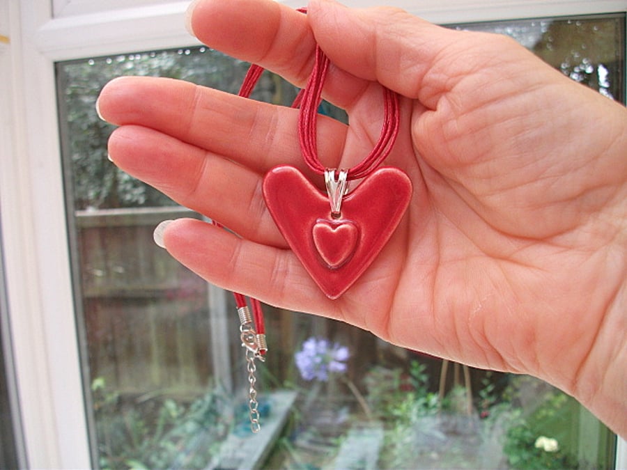 Ruby red  ceramic heart on heart pendant necklace-sterling silver-corded necklet