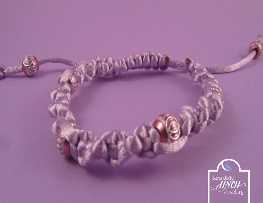 Lilac Satin Cord Macrame Bracelet with pink aluminium beads