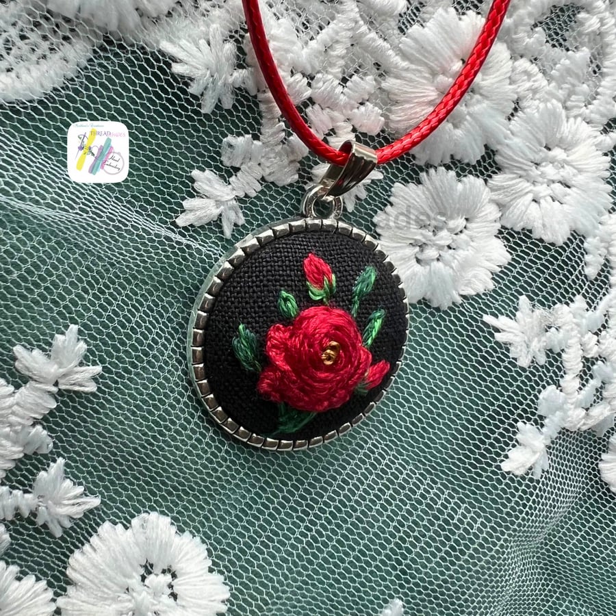 Hand embroidered pendant, round antique silver , red rose design, handmade item,