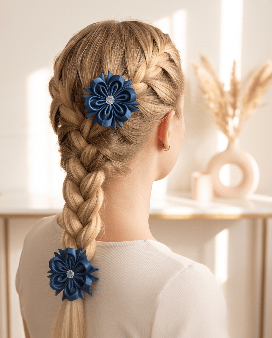 Dark Blue Ribbon Roses with Rhinestones, Cute Toddler Pigtail Elastics, Birthday