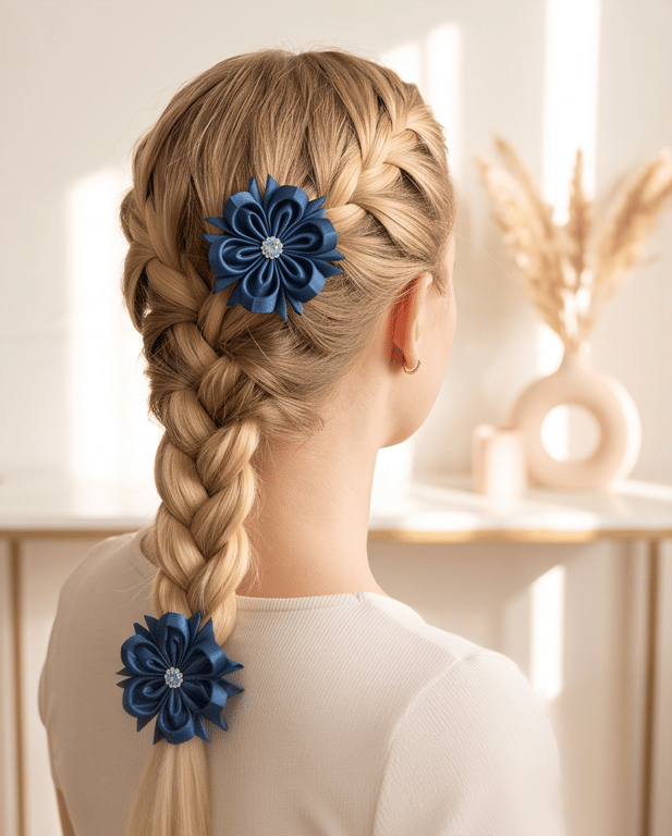 Dark Blue Ribbon Roses with Rhinestones, Cute Toddler Pigtail Elastics, Birthday