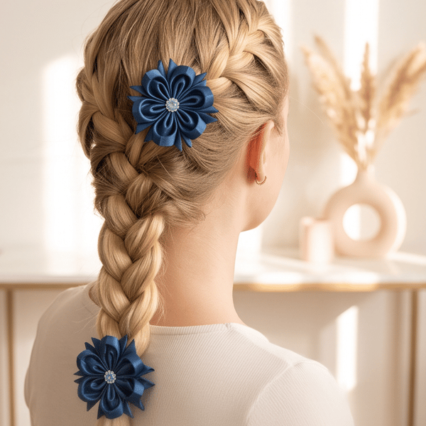 Dark Blue Ribbon Roses with Rhinestones, Cute Toddler Pigtail Elastics, Birthday