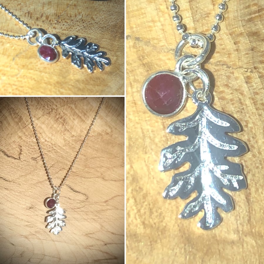 Natural Ruby gemstone with Solid Sterling Silver oak leaf Pendant 16” sterling