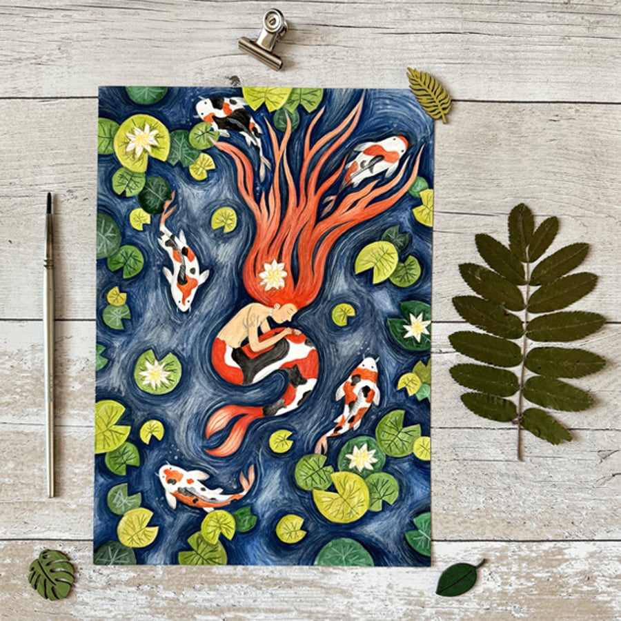 Original Mermaid Painting - Gouache Painting - One of a kind