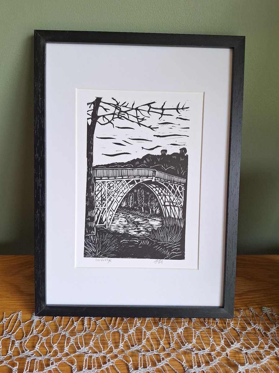 'Ironbridge'. An original handprinted linoprint of Ironbridge in Shropshire.