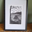 'Ironbridge'. An original handprinted linoprint of Ironbridge in Shropshire.