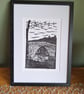'Ironbridge'. An original handprinted linoprint of Ironbridge in Shropshire.
