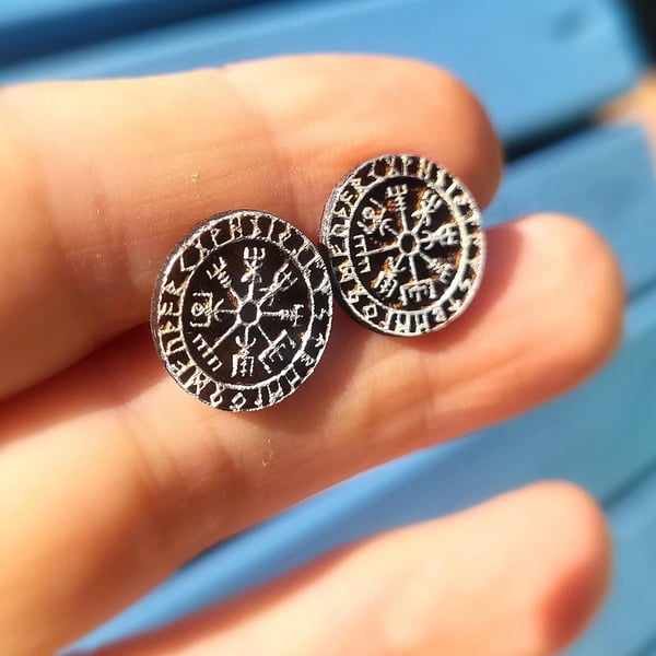 Viking Wooden Earrings, Vegvisir Stud Earrings