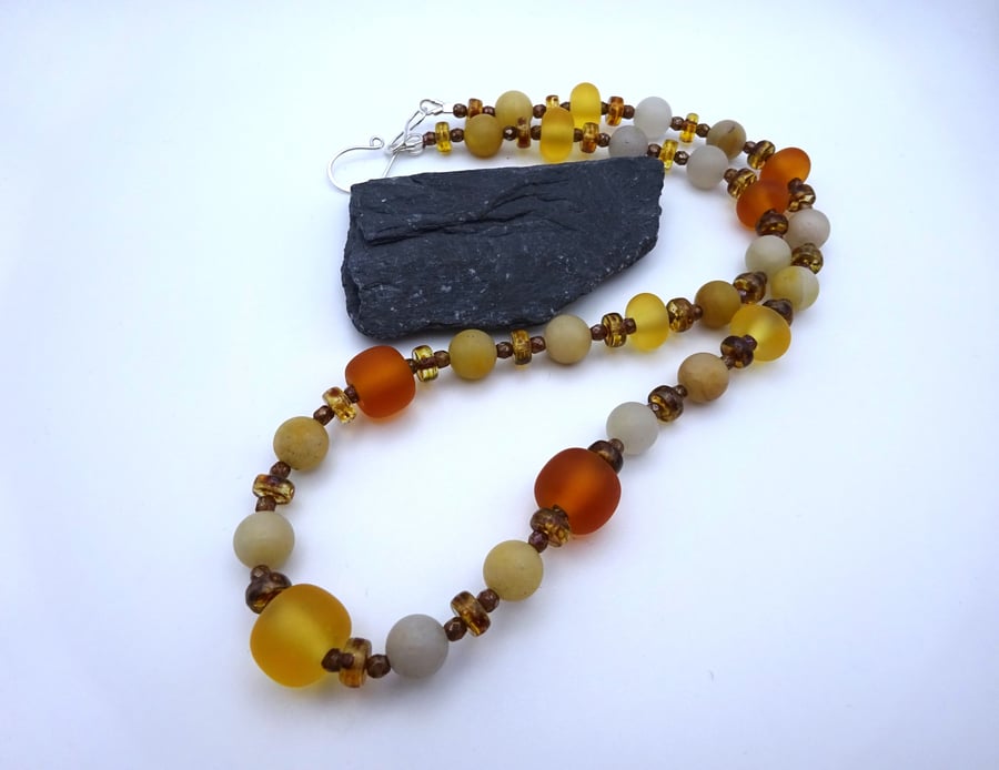 amber lampwork glass beaded necklace, yellow jade