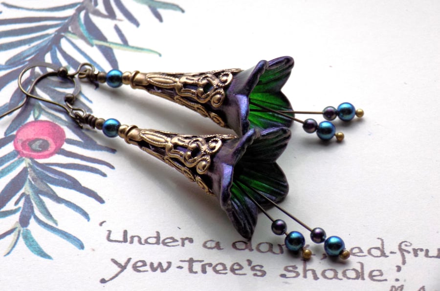 Green and Purple Lucite and Filigree Brass Hand Painted Flower Earrings