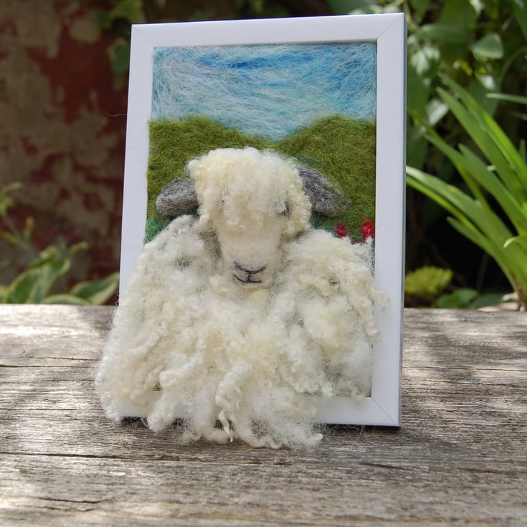 Textile art picture -  Lone Sheep 17 x 12 cm   Needle felt