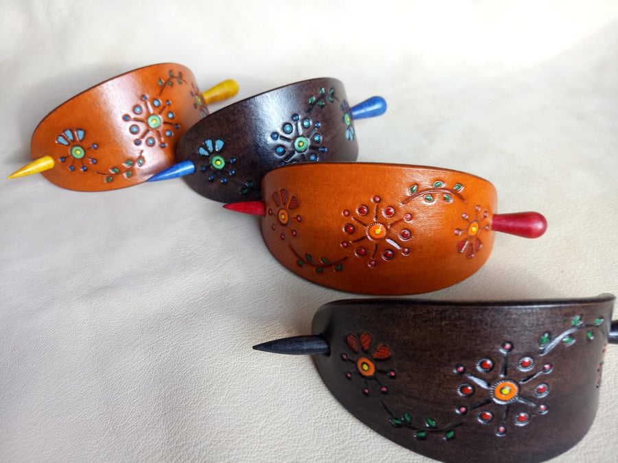 Leather Stick Barrette, Large Leather Hair Slide with Turned Wooden Stick