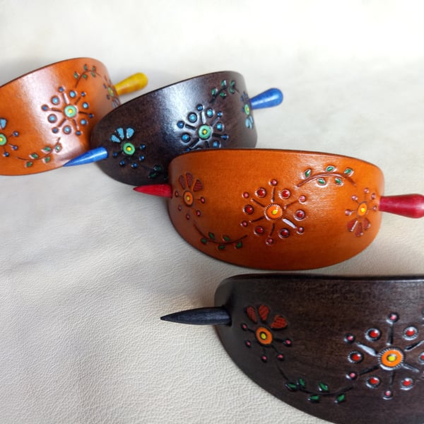 Leather Stick Barrette, Large Leather Hair Slide with Turned Wooden Stick