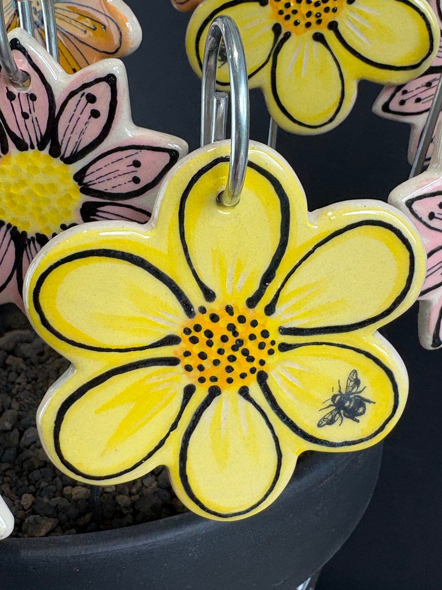 Handmade Stoneware Ceramic Flower Stake - Yellow with Bee
