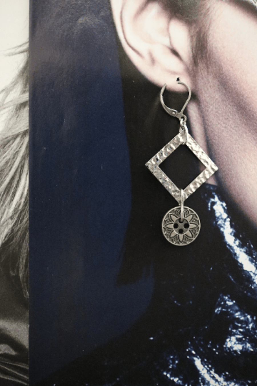Up-cycled square shaped stainless steel - vintage button dangle earrings