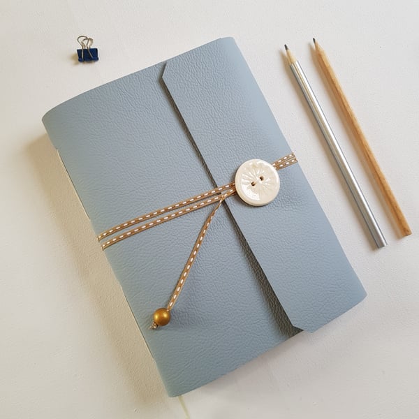 Blue Leather Journal, Golden Dandelion and Cow Parsley Lining, Gift for her, A5