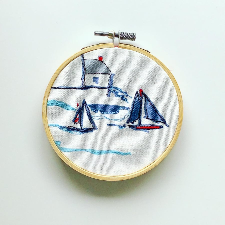 Sailing boats embroidery hoop, beach textile art, coastal cottage