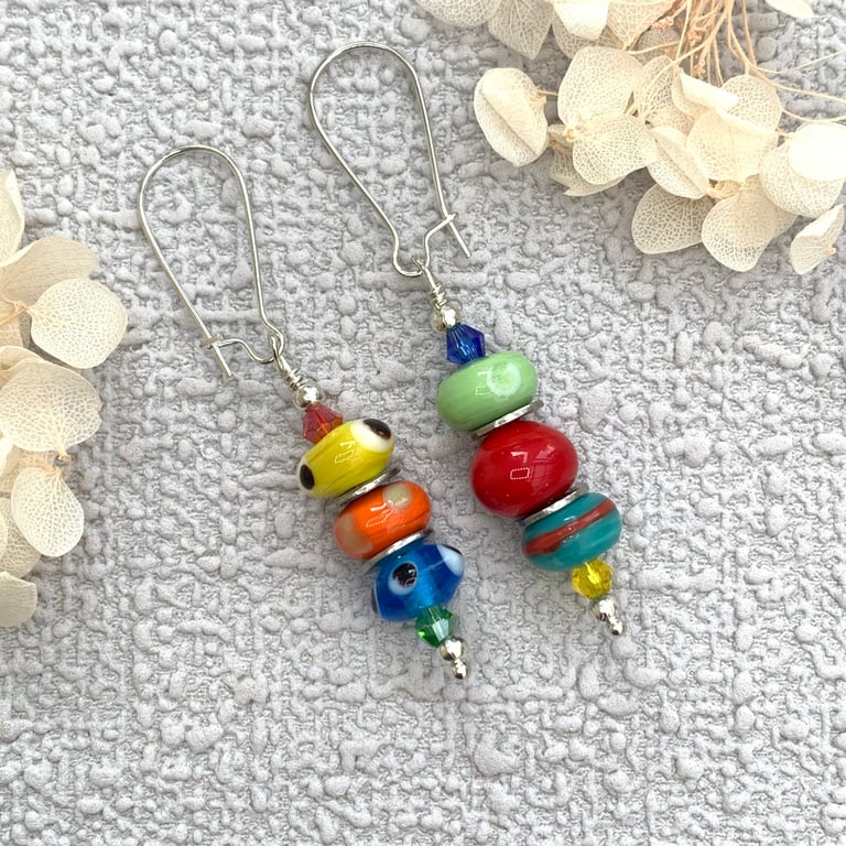 Boho Lampwork Glass Bead Asymmetric Earrings