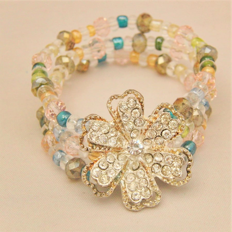 3 Strand Multi Coloured Crystal and Bead Bracelet with Silver Plated Rhinestone 