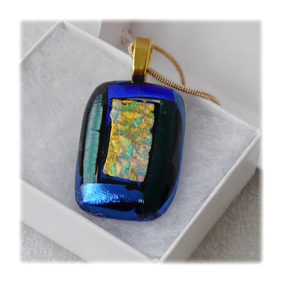  Dichroic Glass Pendant 147 Blue Glitter with gold plated chain