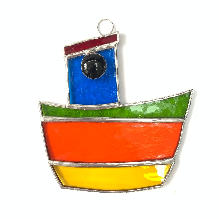 Stained Glass Tug Boat Suncatcher - Handmade Decoration - Lime Orange Yellow 