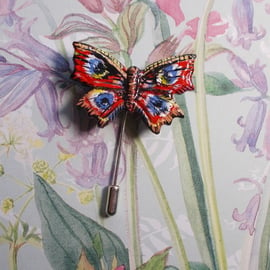 Delicate PEACOCK BUTTERFLY PIN Wedding Pin Wildlife Brooch HANDMADE HAND PAINTED