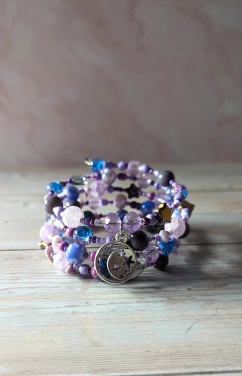 Starlight Voyage, Lavender & Icy Blue Celestial Memory Wire Bracelet
