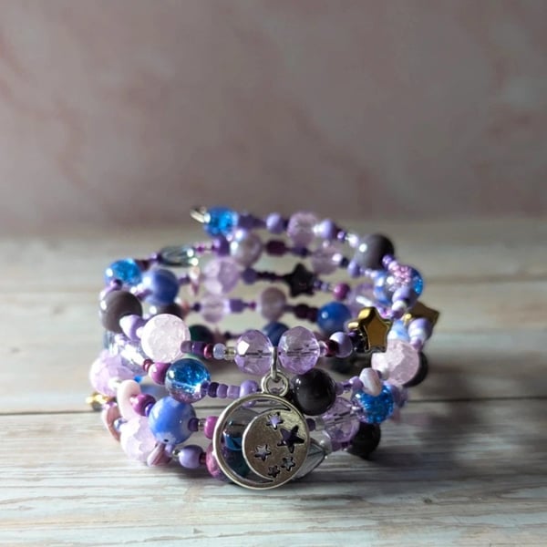 Starlight Voyage, Lavender & Icy Blue Celestial Memory Wire Bracelet