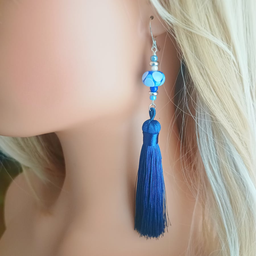 Blue Silk Tassel earrings - Long