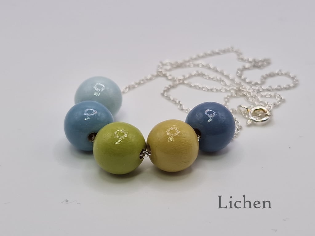 Lichen - hand painted - wooden bead & sterling silver necklace