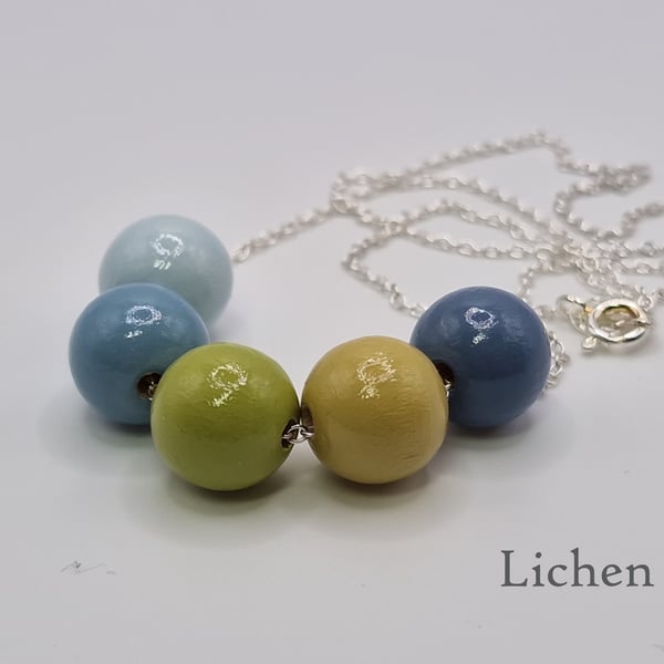 Lichen - hand painted - wooden bead & sterling silver necklace