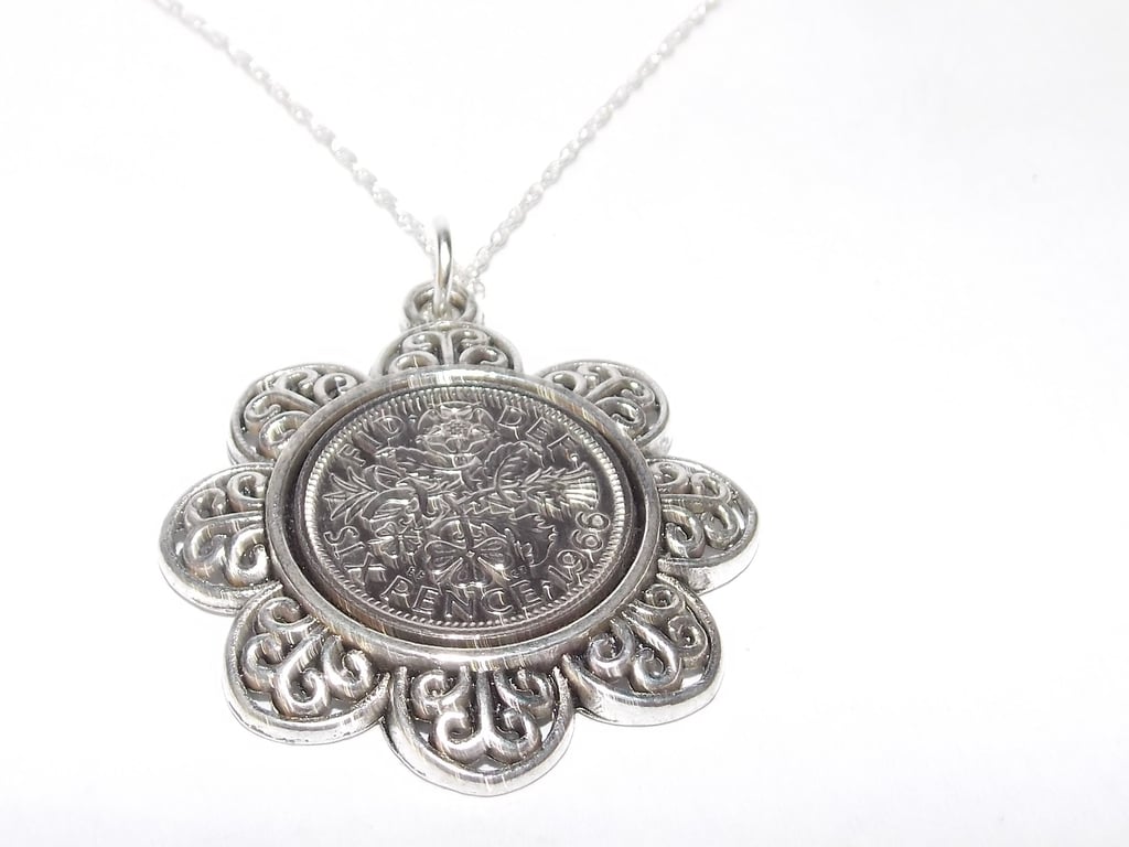 Floral Pendant 1966 Lucky sixpence 60th Birthday plus Sterling Silver 18in Chain