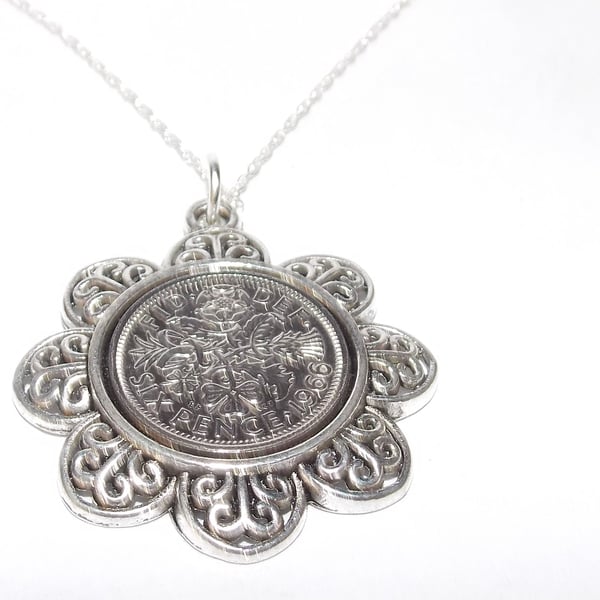 Floral Pendant 1966 Lucky sixpence 58th Birthday plus Sterling Silver 18in Chain