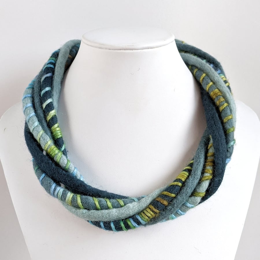 The Wrapped Twist: felted cord necklace in teal and duck egg